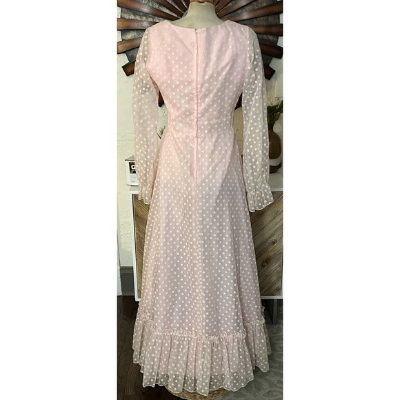 vintage jack Bryan sheer polka dot pink Prairie Maxi Dress Medium - Picture 5 of 9